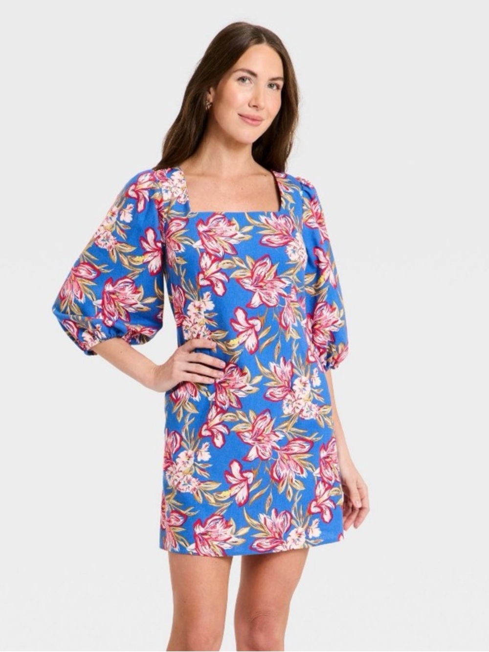 Blue Floral Square-Neck Linen Mini Slip Dress from A New Day NWT szL